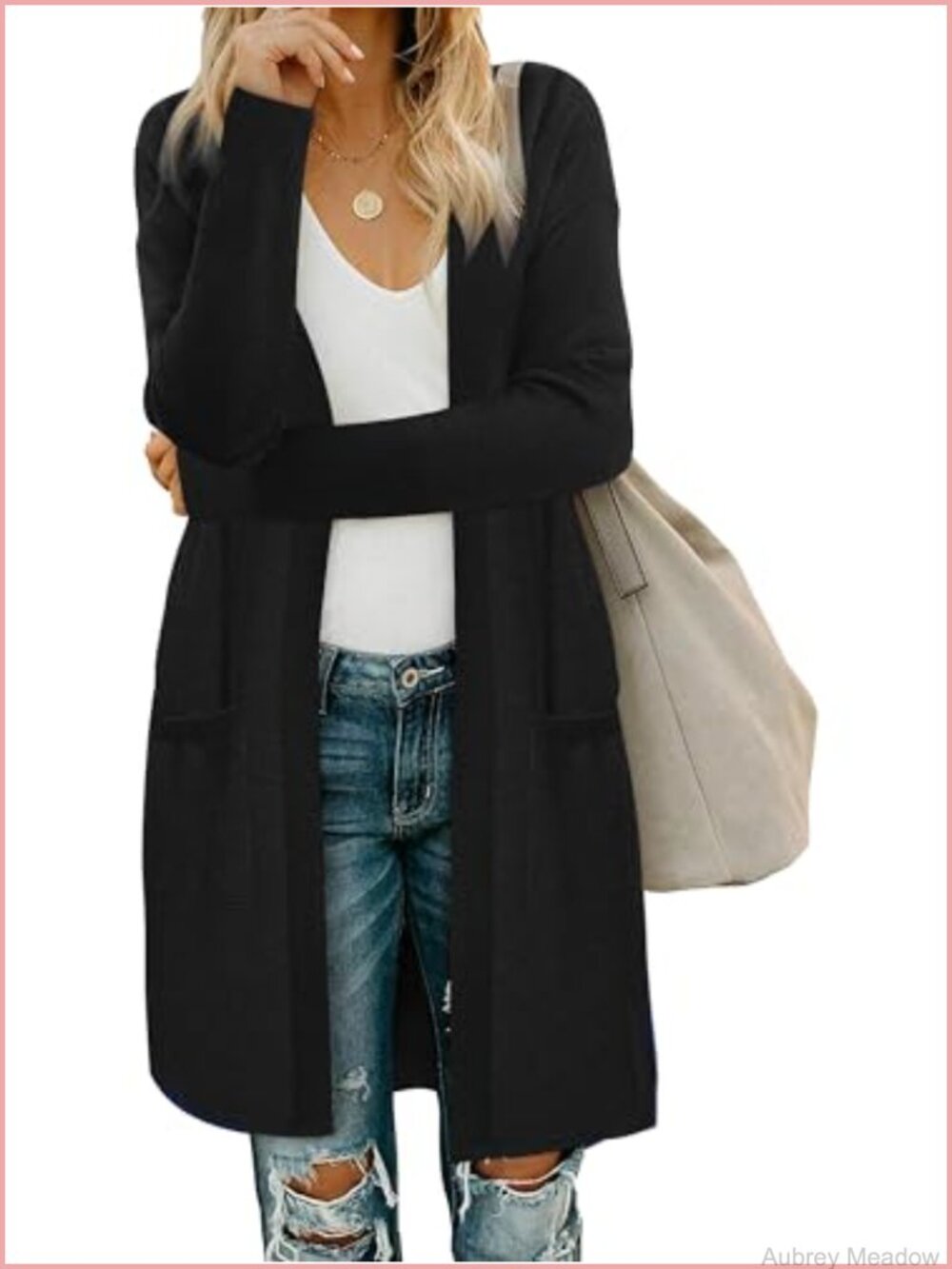 Women's Open Front Knit Cardigan Long Sleeve Sweater with Pockets